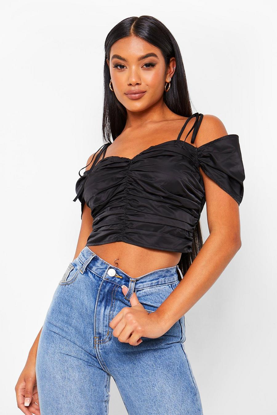 Black Faux Leather Ruched Detail Crop Top image number 1