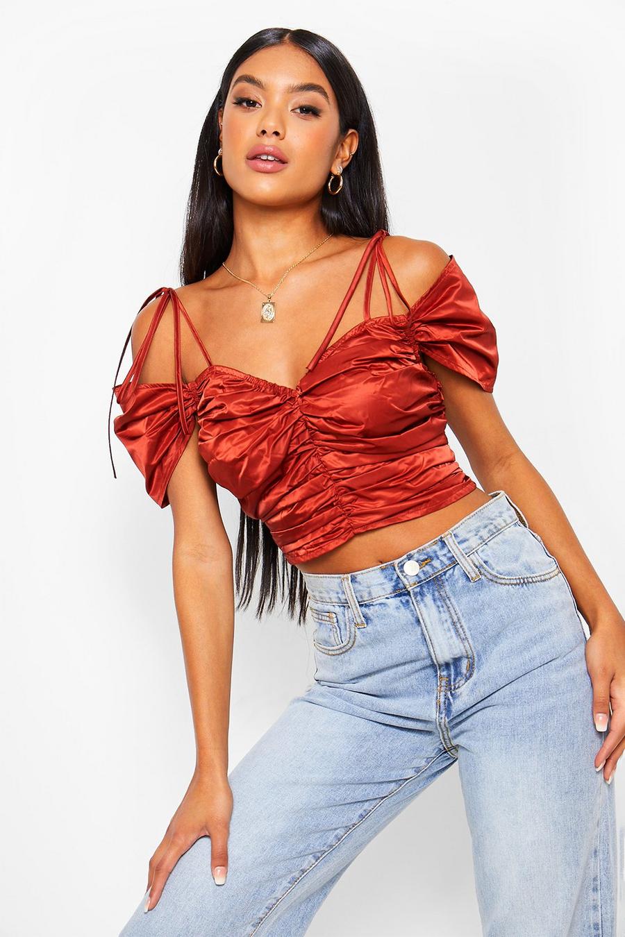 Burgundy Faux Leather Ruched Detail Crop Top image number 1