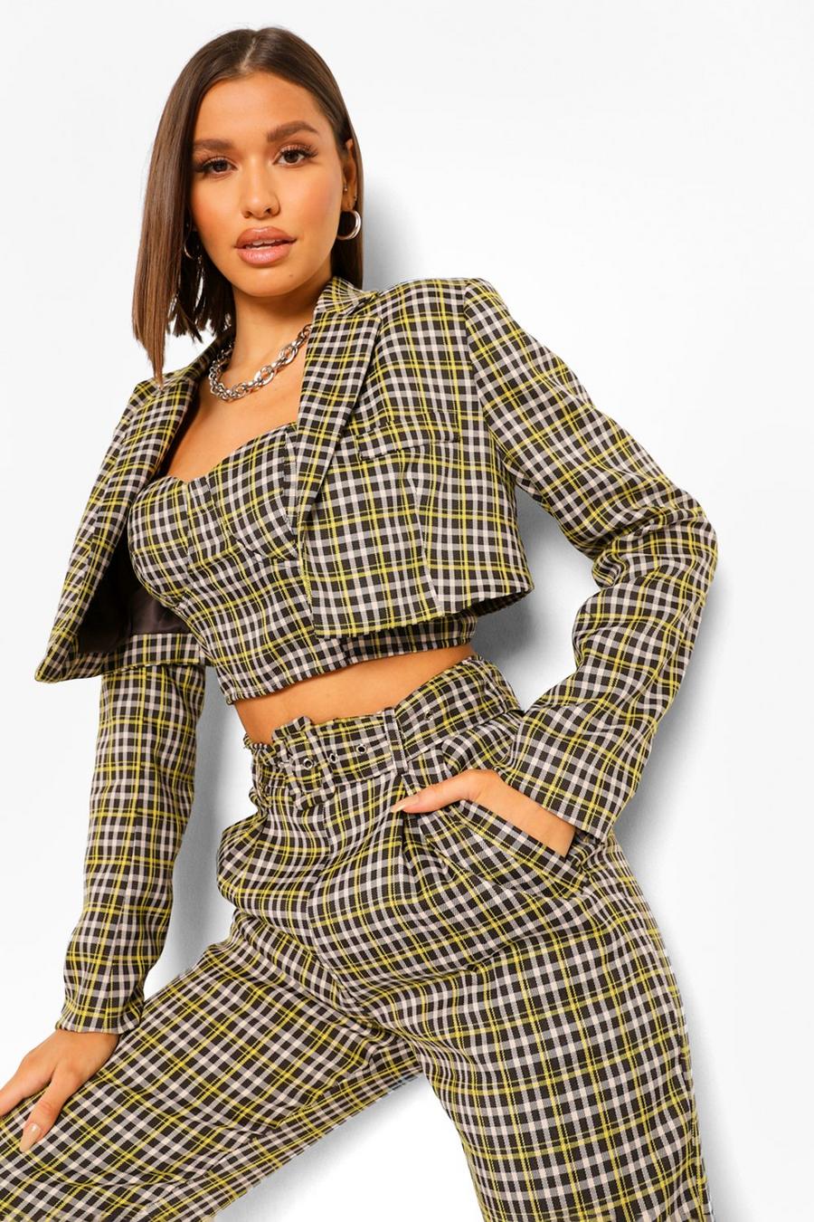 Chocolate Checked Cropped Tailored Blazer image number 1