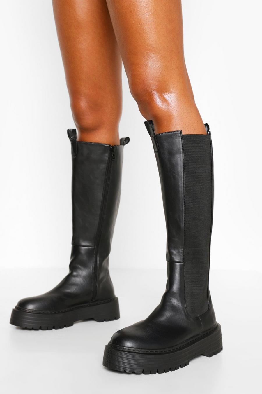 Black schwarz Knee High Chelsea Boots