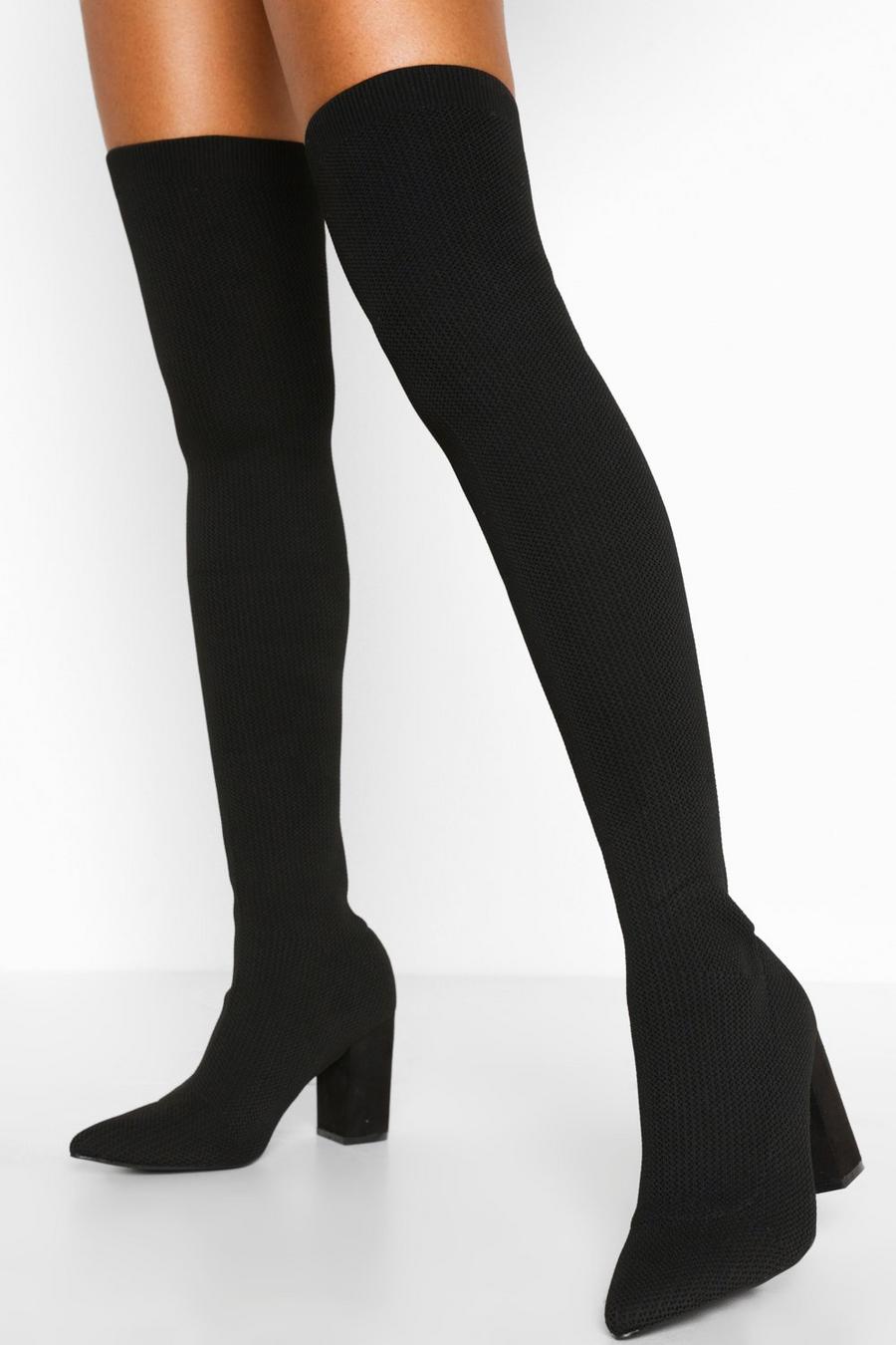 Black Knitted Rib Block Heel Thigh High Boot image number 1