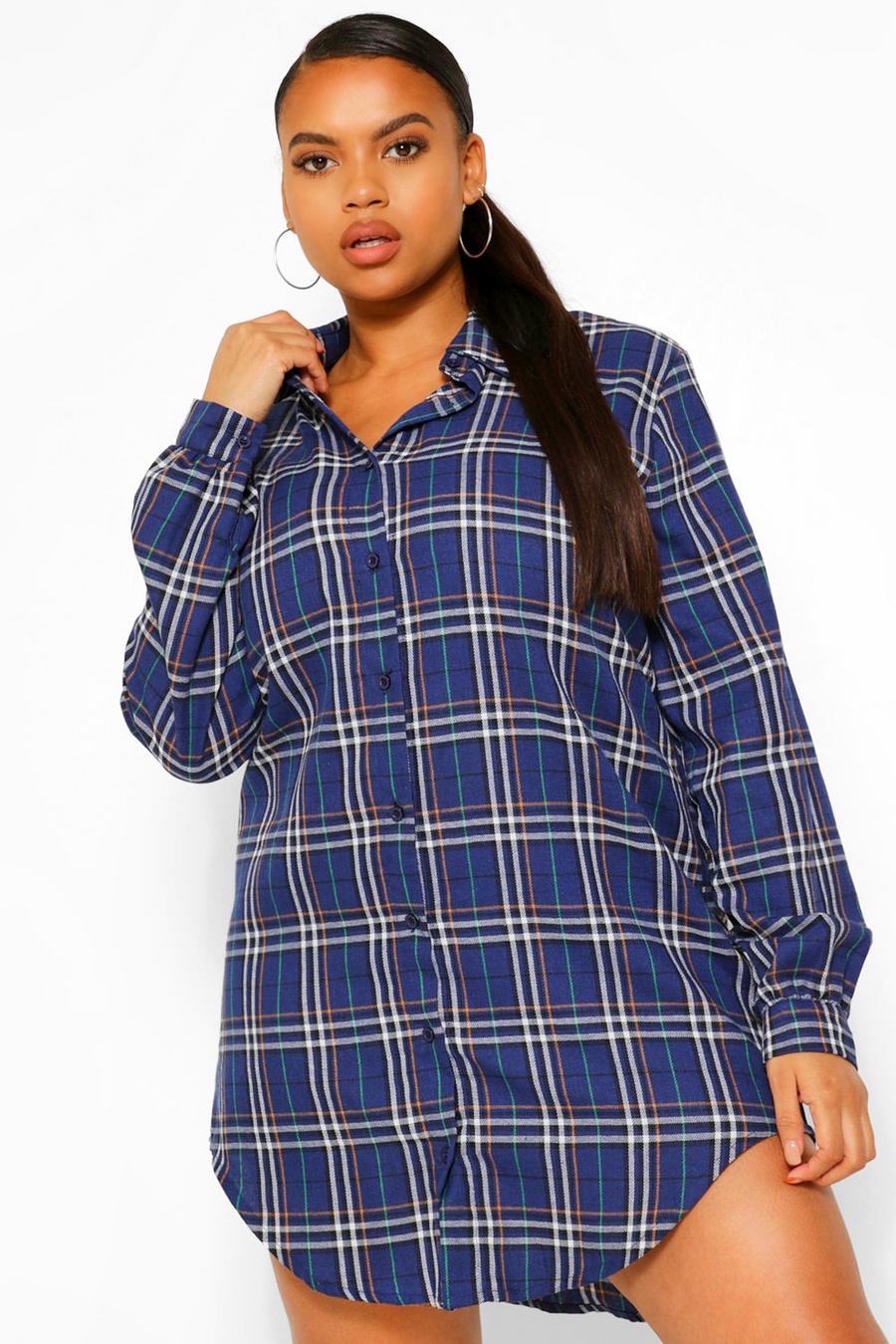 Black Plus Checked Cinched Waist Skater Shirt Dress image number 1