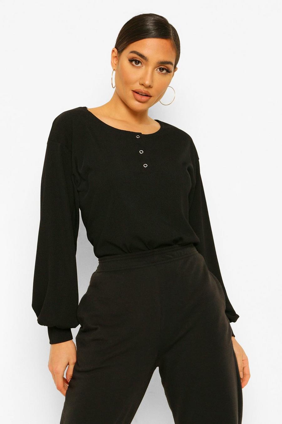 Button Detail Volume Sleeve Ribbed Top image number 1