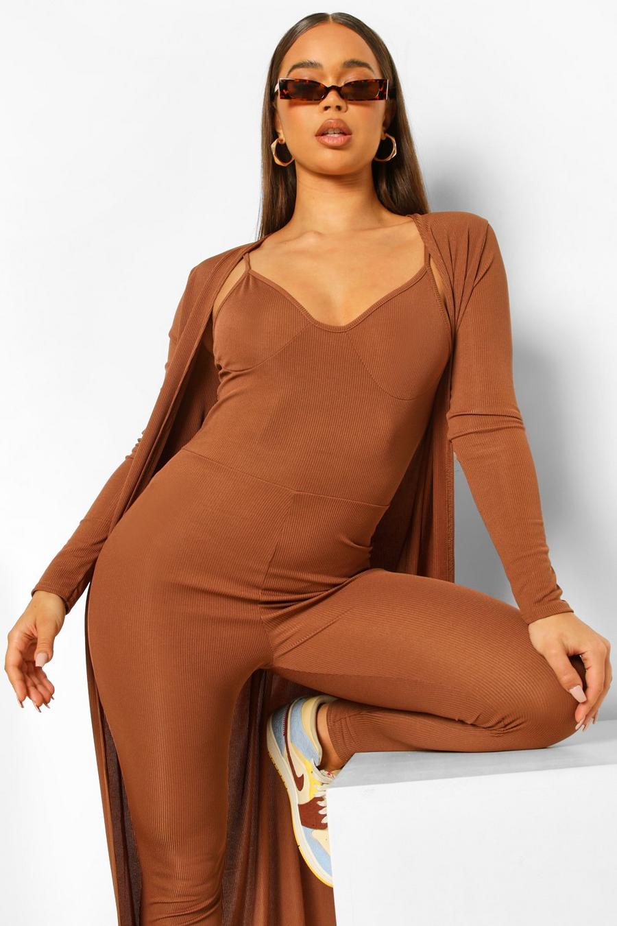 Chocolate Rib Strappy Jumpsuit And Maxi Duster Set image number 1