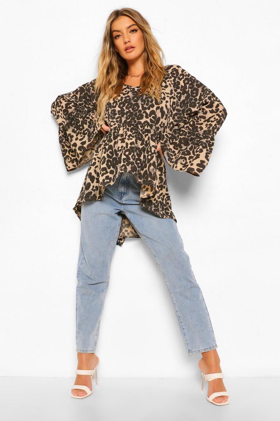 Leopard Print Woven Flared Sleeve Smock Top image number 1