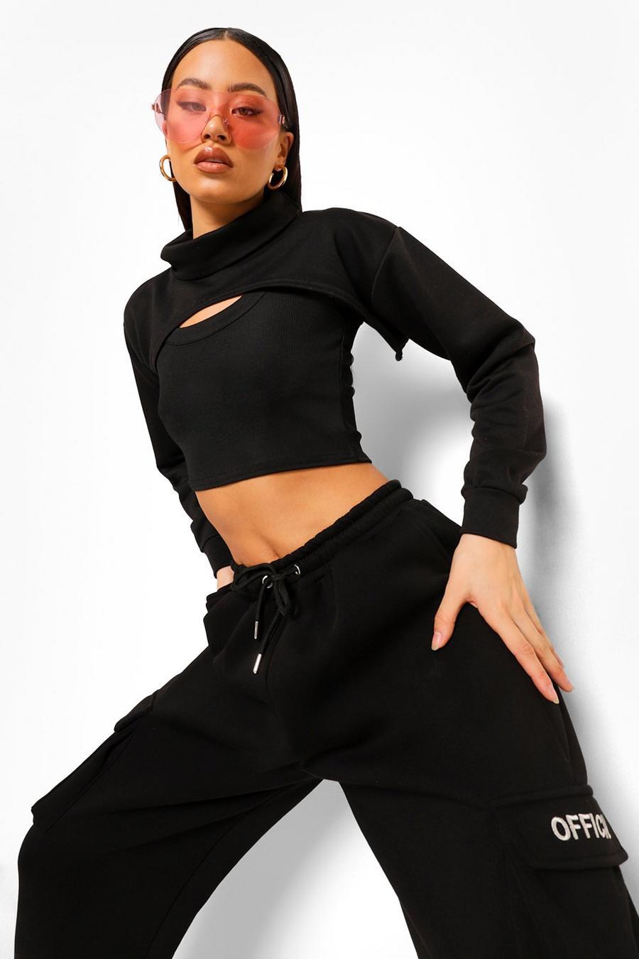 Black Beige Turtleneck Super Crop Sweater And Rib Tank Set image number 1