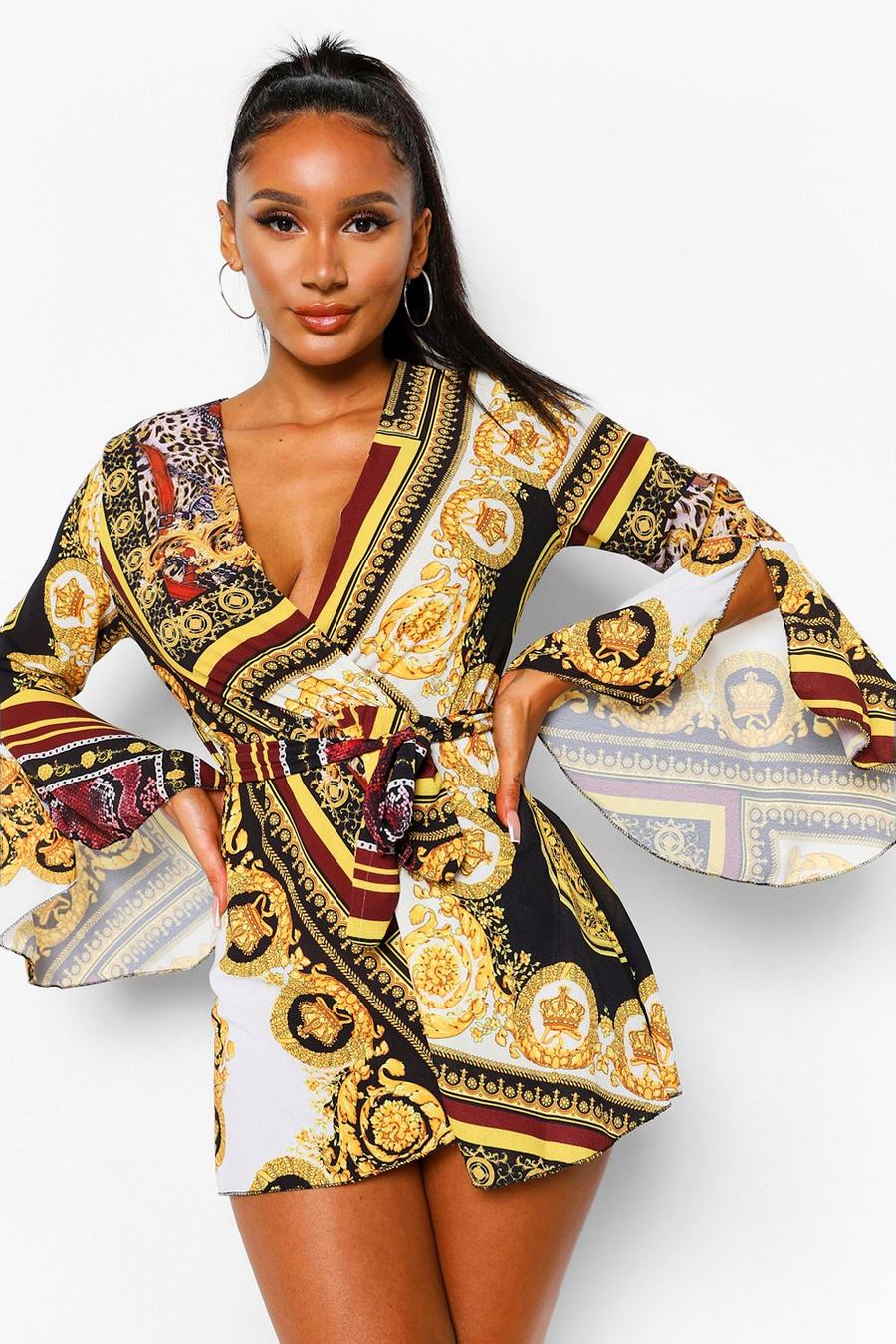 Mixed Print Flared Sleeve Tie Waist Romper image number 1