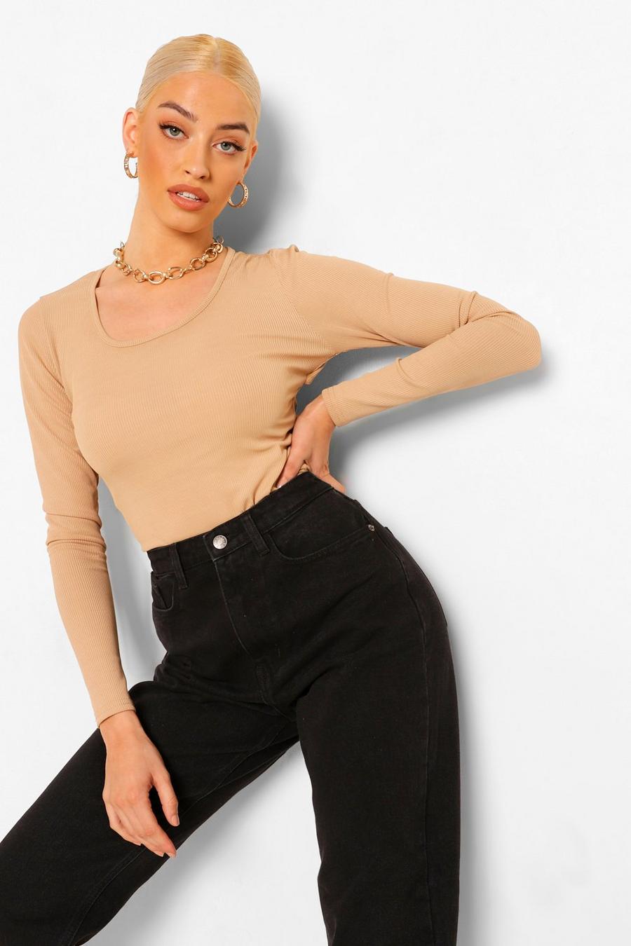Camel Long Sleeve Rib Cut Out Detail Bodysuit image number 1