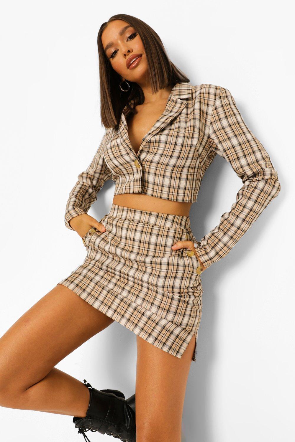 Sand Tailored Tonal Check Cropped Boxy Blazer