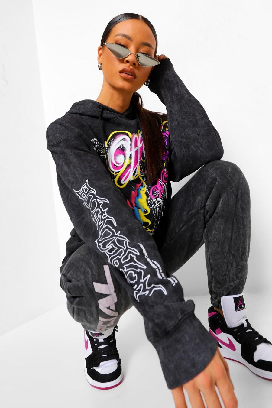 Charcoal Oversize stentvättad hoodie med graffititryck image number 1