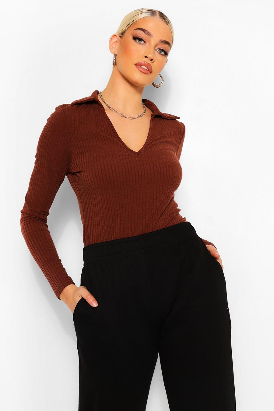 Chocolate Soft Rib Collared V Neck Top image number 1