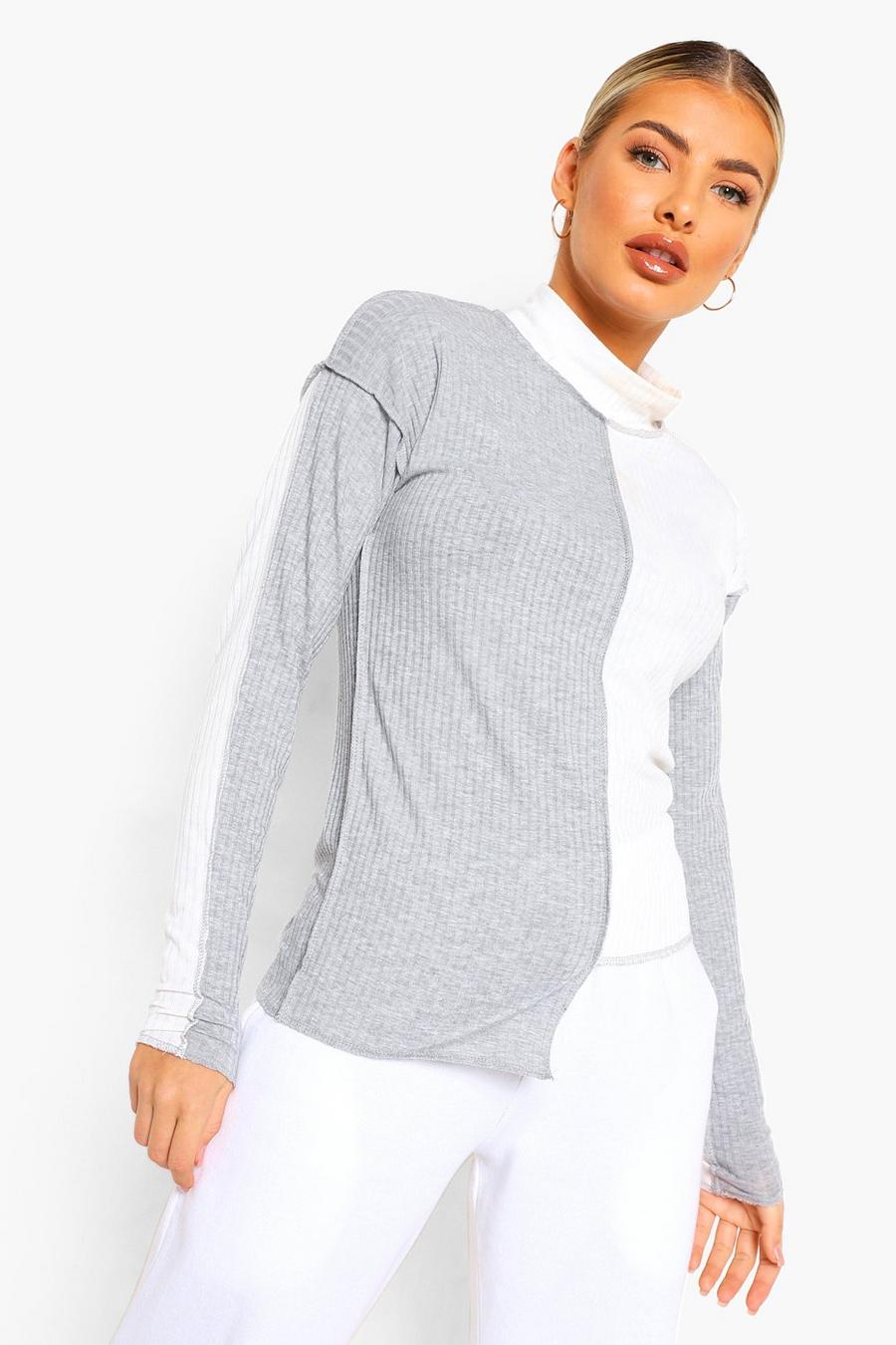 Grey Soft Rib Color Block High Neck Top image number 1