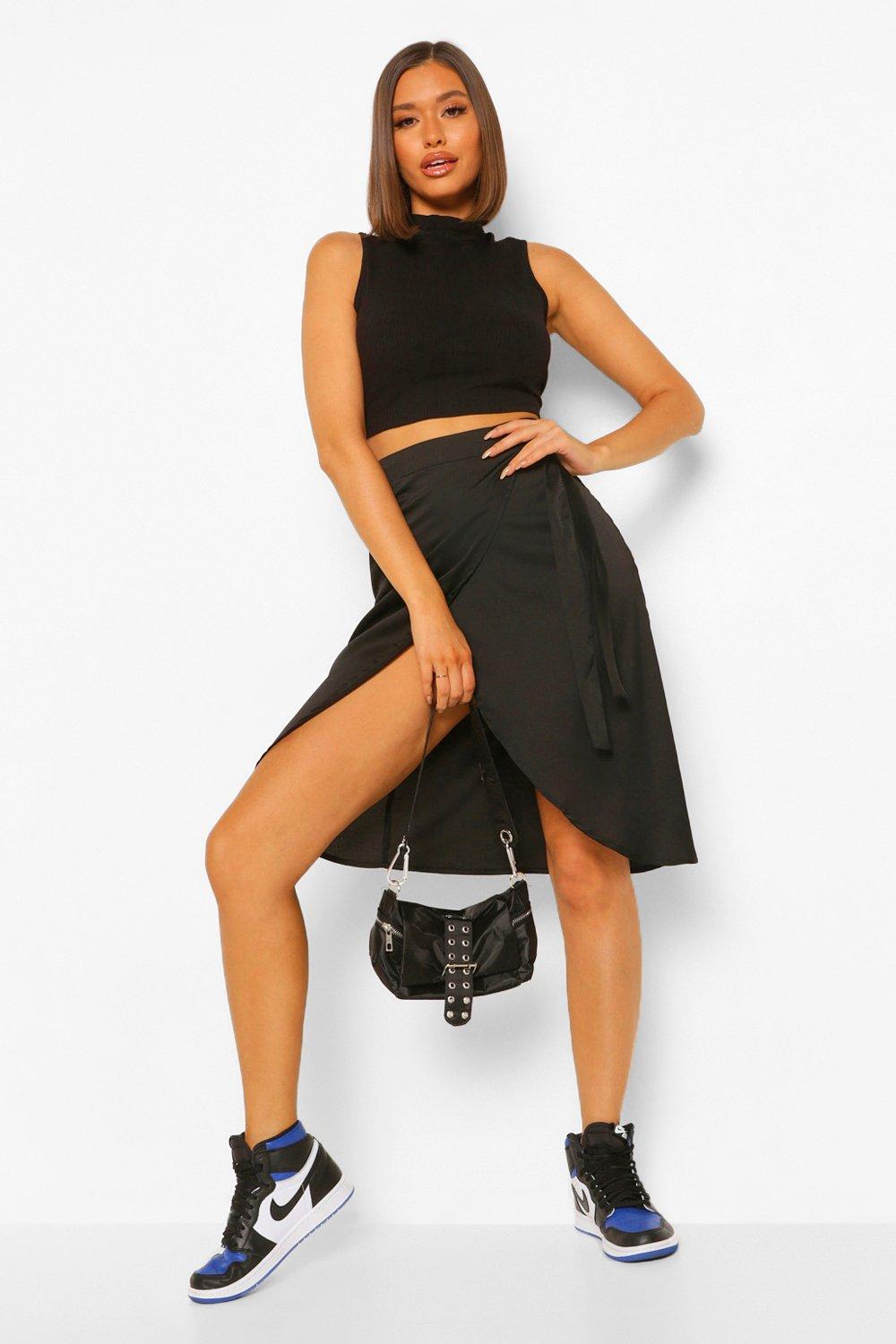 satin tie midi wrap skirt