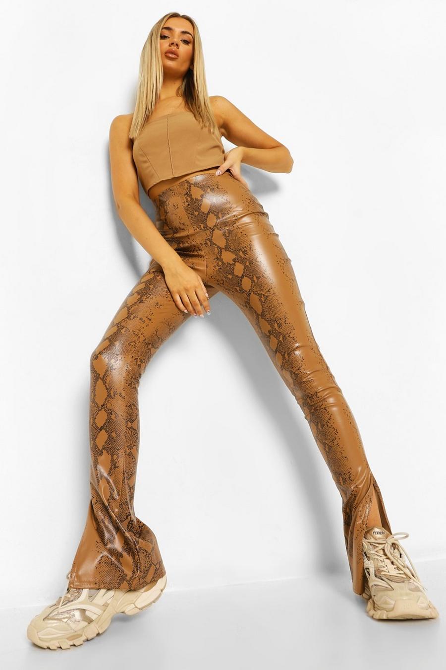 Pantaloni in similpelle con stampa serpente e spacco laterale, Marrone chiaro image number 1