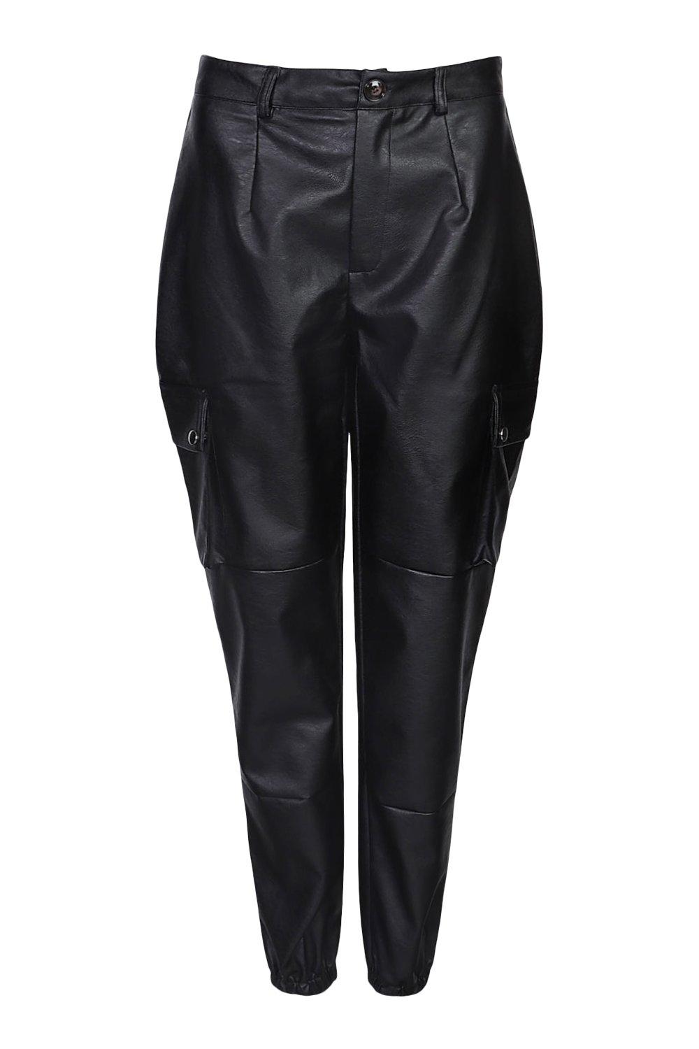 Womens Clothing Trousers Slacks and Chinos Cargo trousers Boohoo Leather Look Seam Detail Cargo Pants in Black 
