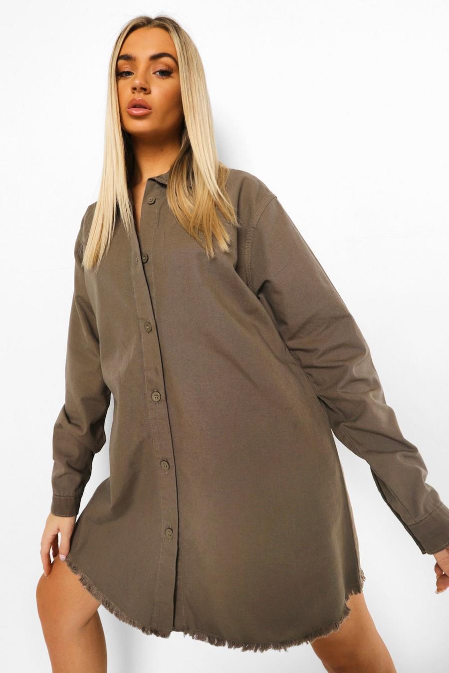 Khaki Frayed Hem Oversized Shirt Dress image number 1
