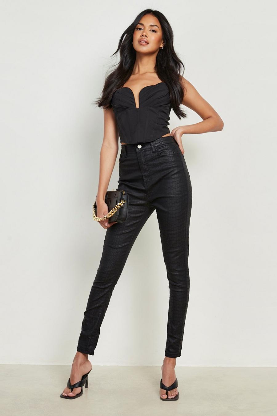Black Högmidjade skinny jeans med beläggning och krokodilskinnseffekt image number 1