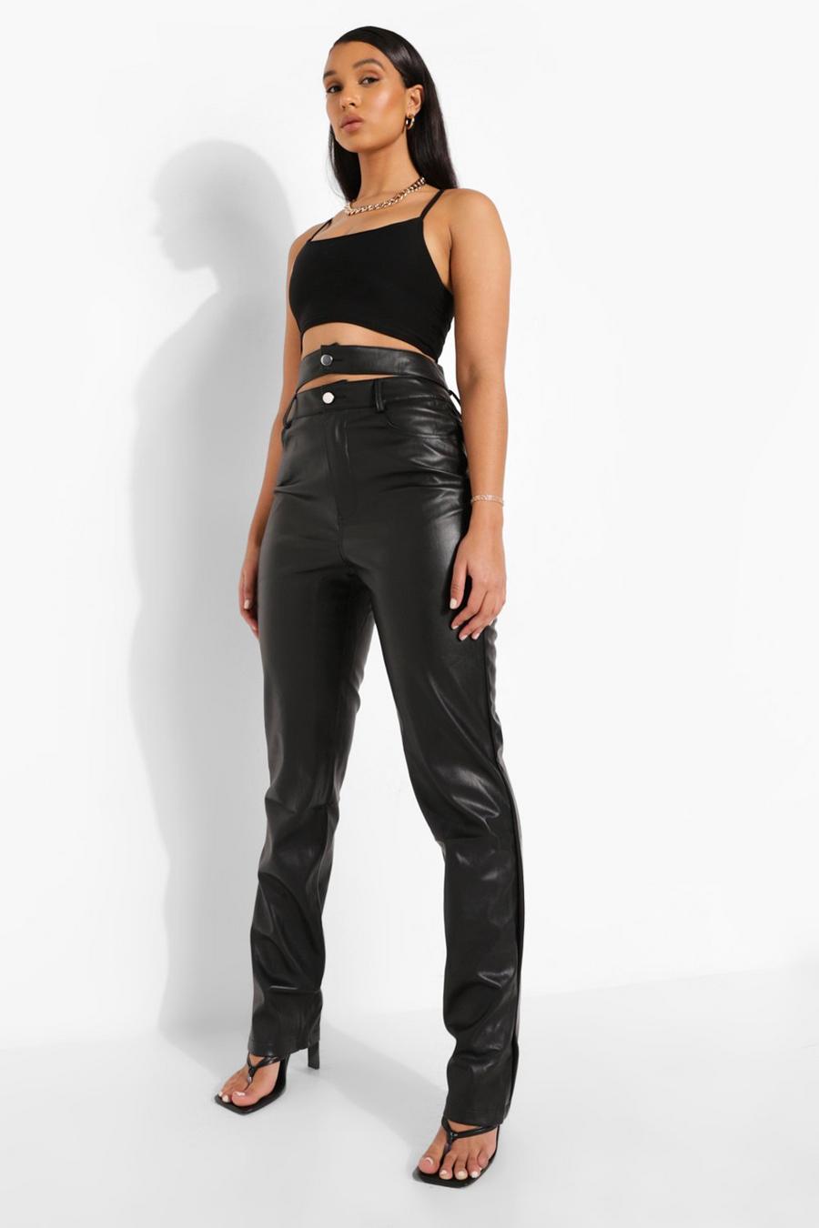 Black Cut Out Waist Premium Faux Leather Pants image number 1