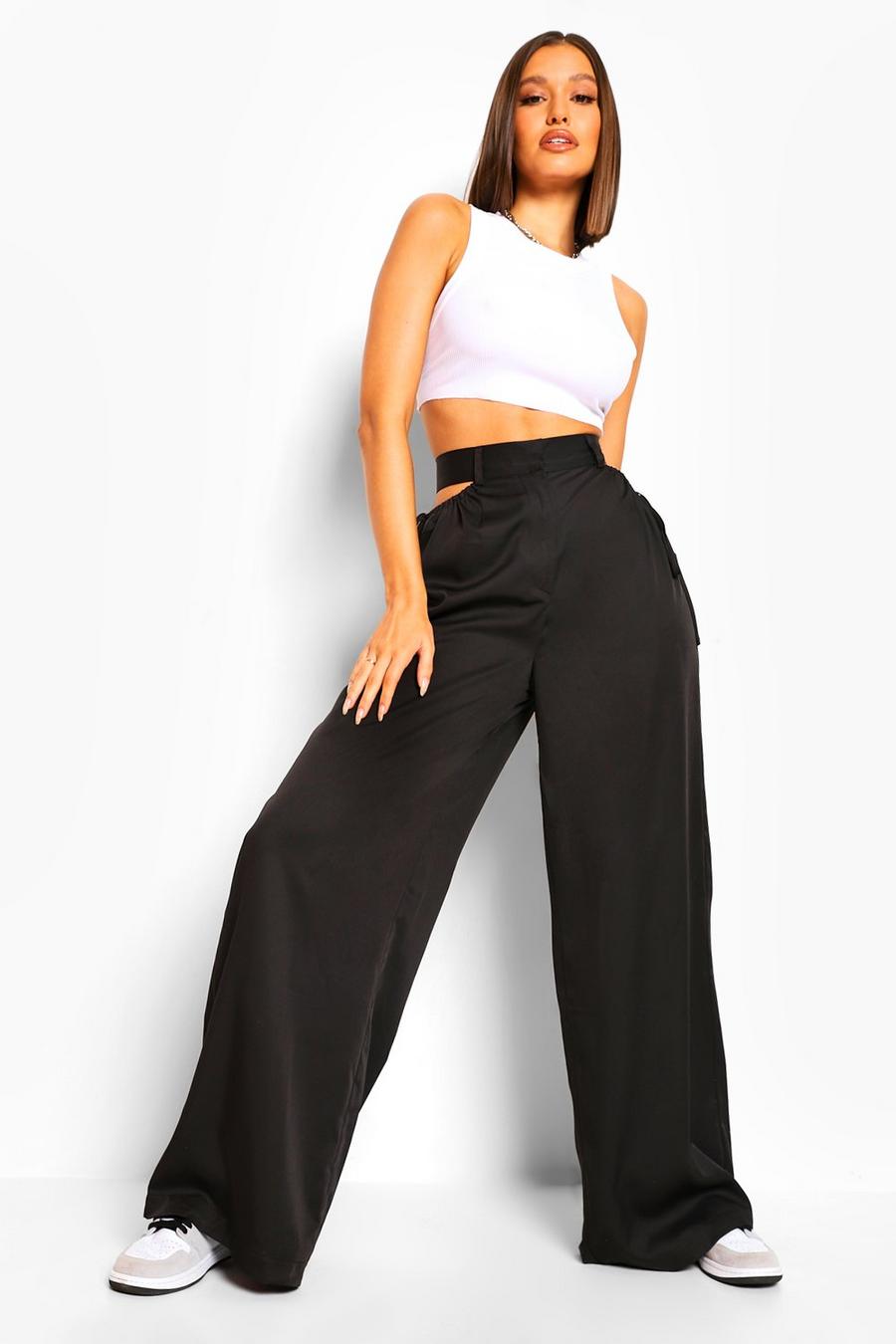 Black Woven Cut Out Drawstring Waist Detail Pants image number 1