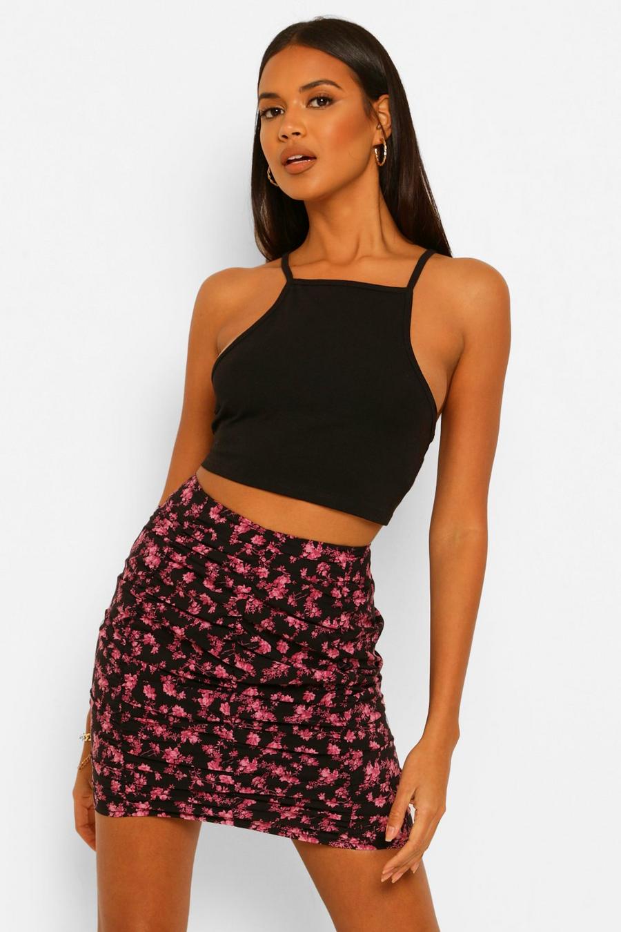 Black Floral Ruched Woven Mini Skirt image number 1