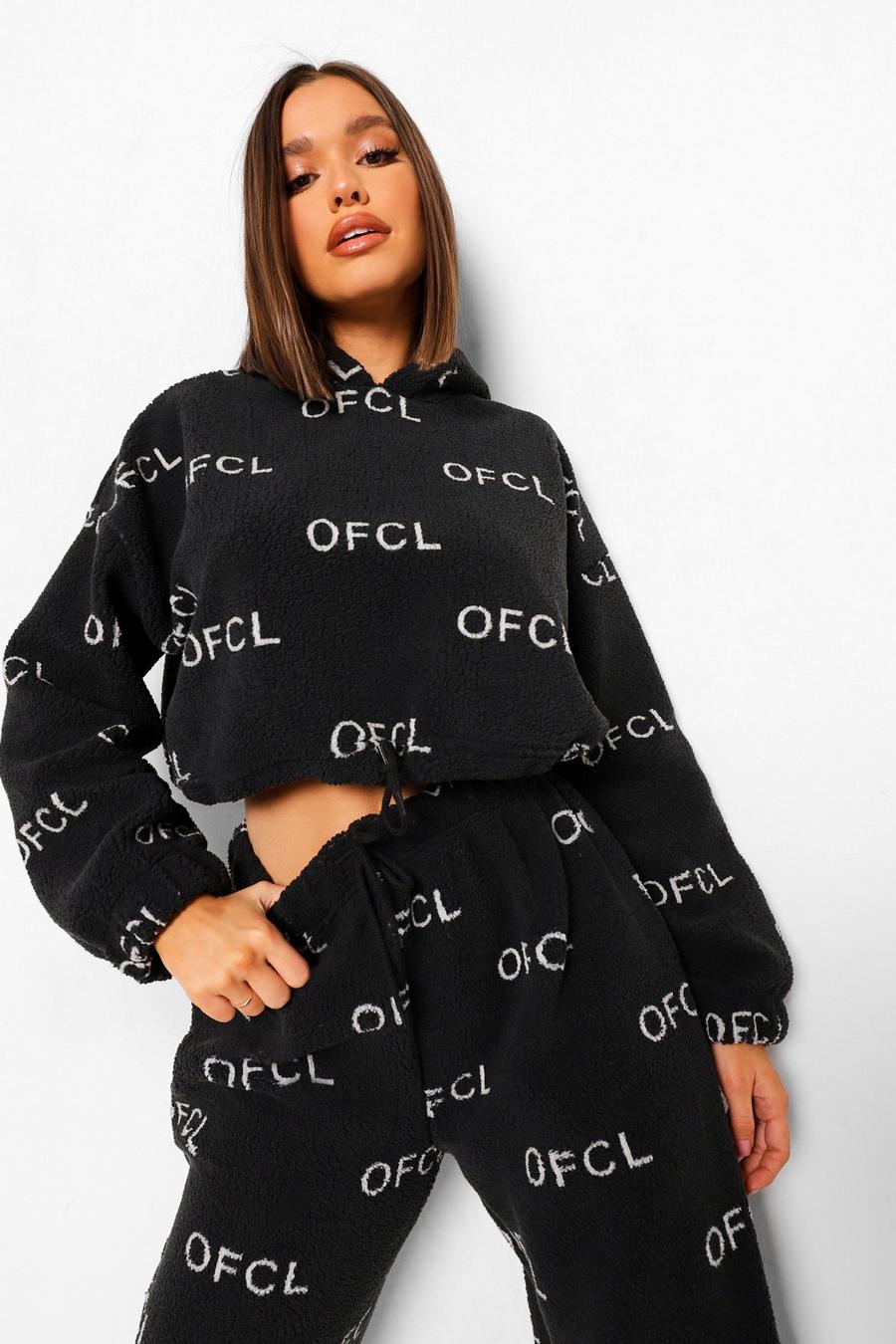 Black "Ofcl" Kort hoodie i teddy med tryck image number 1