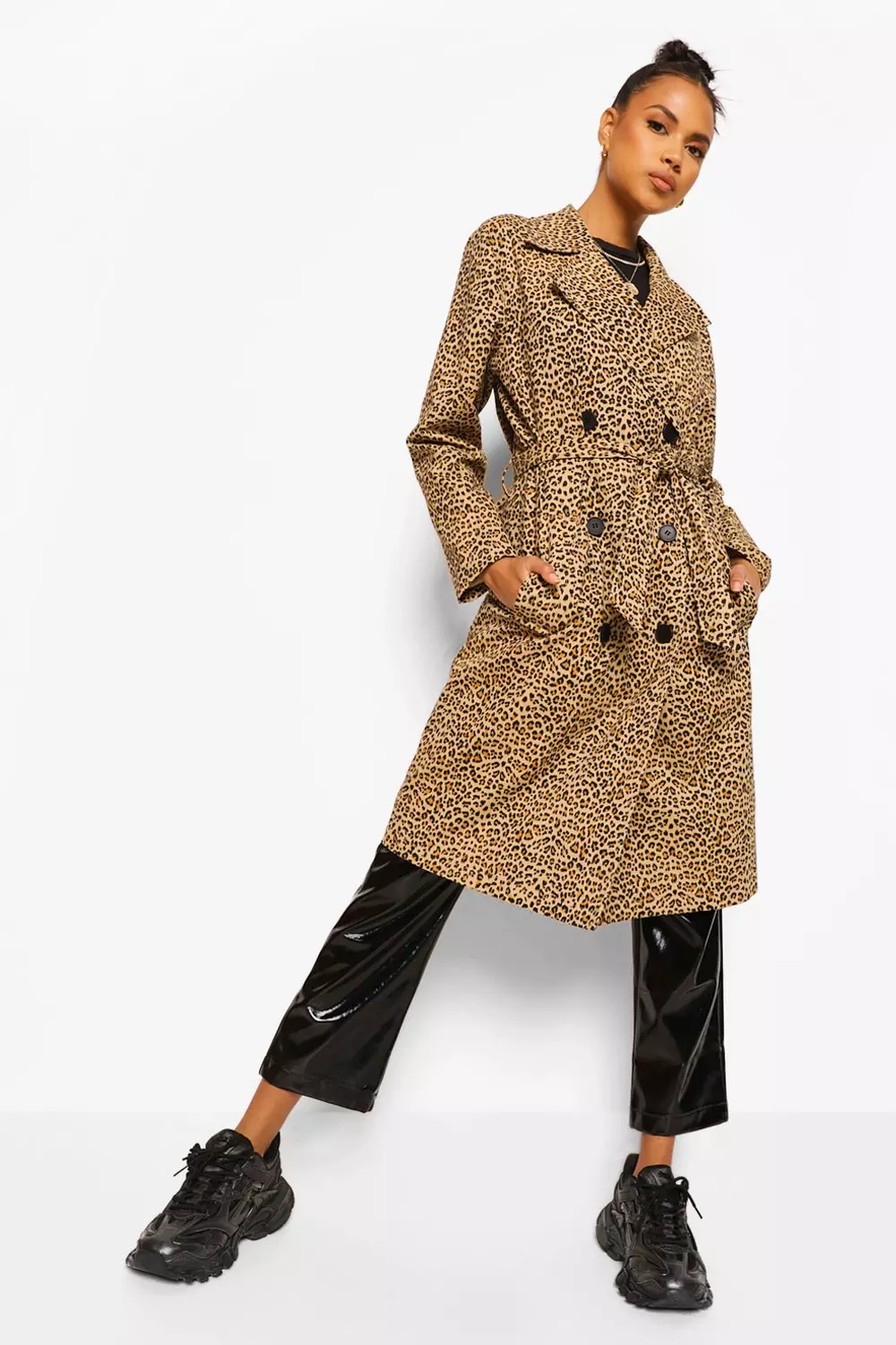 Brown Leopard Print Trench Coat alternative image