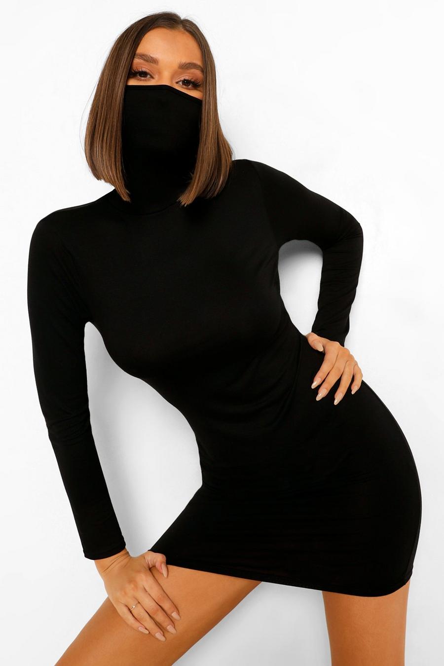 Black Long Sleeve Face Mask Mini Dress image number 1
