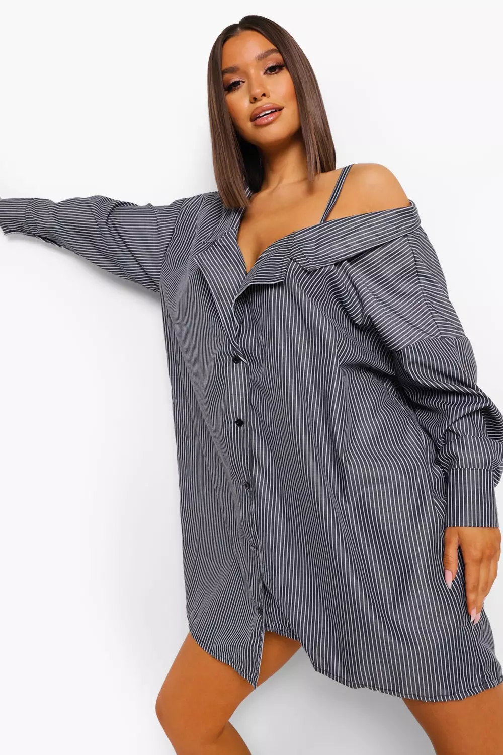 Pinstripe Off Shoulder Shoulder Shirt Dress