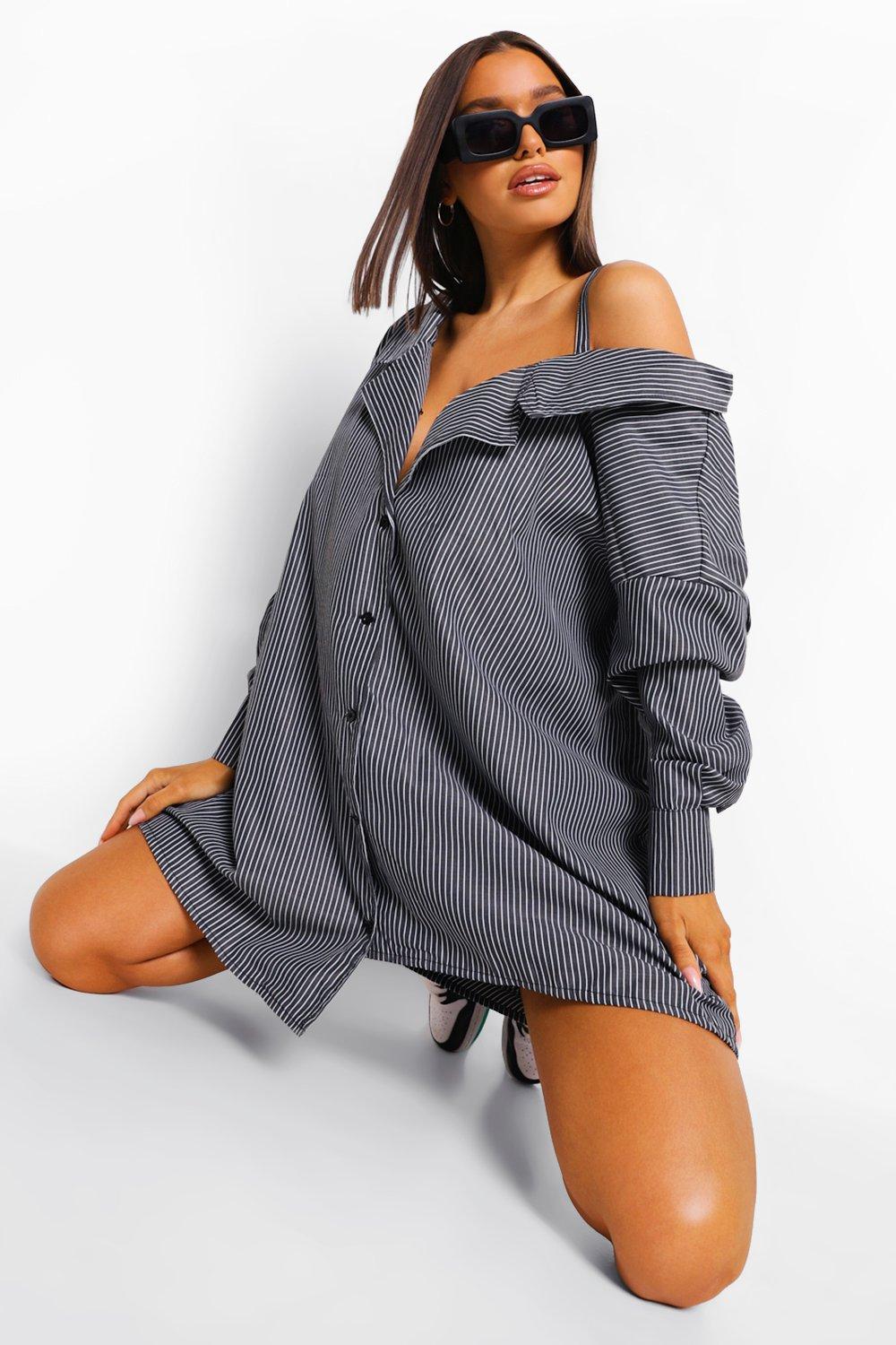 Striped off the discount shoulder shirt dress