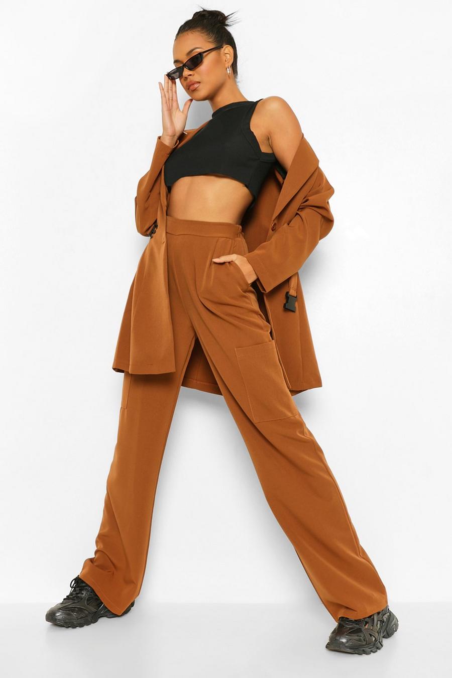 Caramel Cargo Pocket Wide Leg Tailored Trousers image number 1