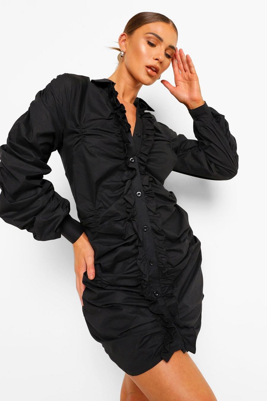 Vestido estilo camisa con detalle fruncido en mezcla de algodón, Negro image number 1
