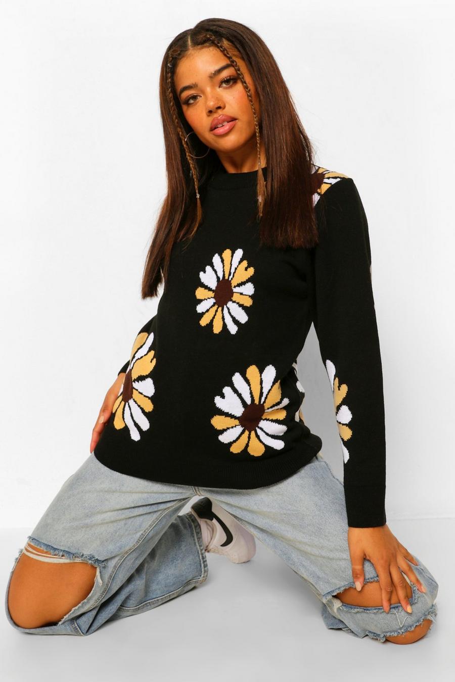 Black Floral Design Crew Neck Knitted Sweater image number 1