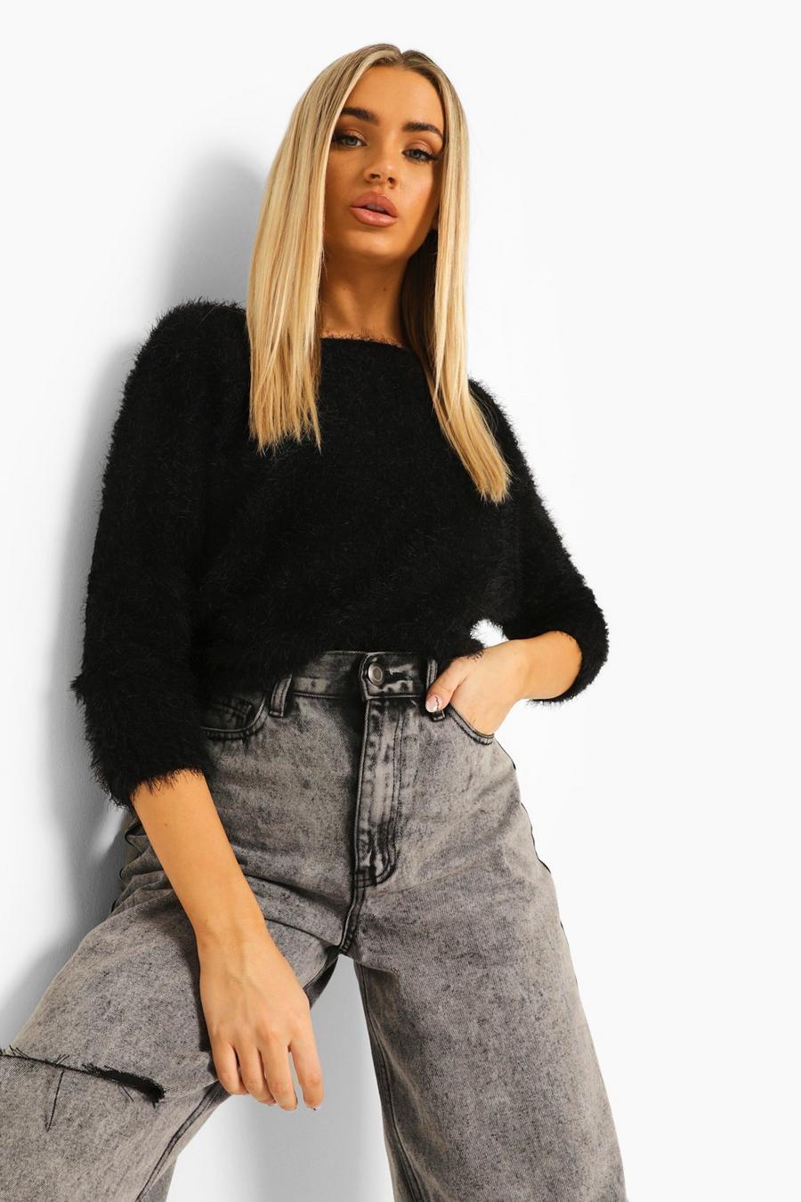 Black Fluffy Feather Knitted Jumper image number 1