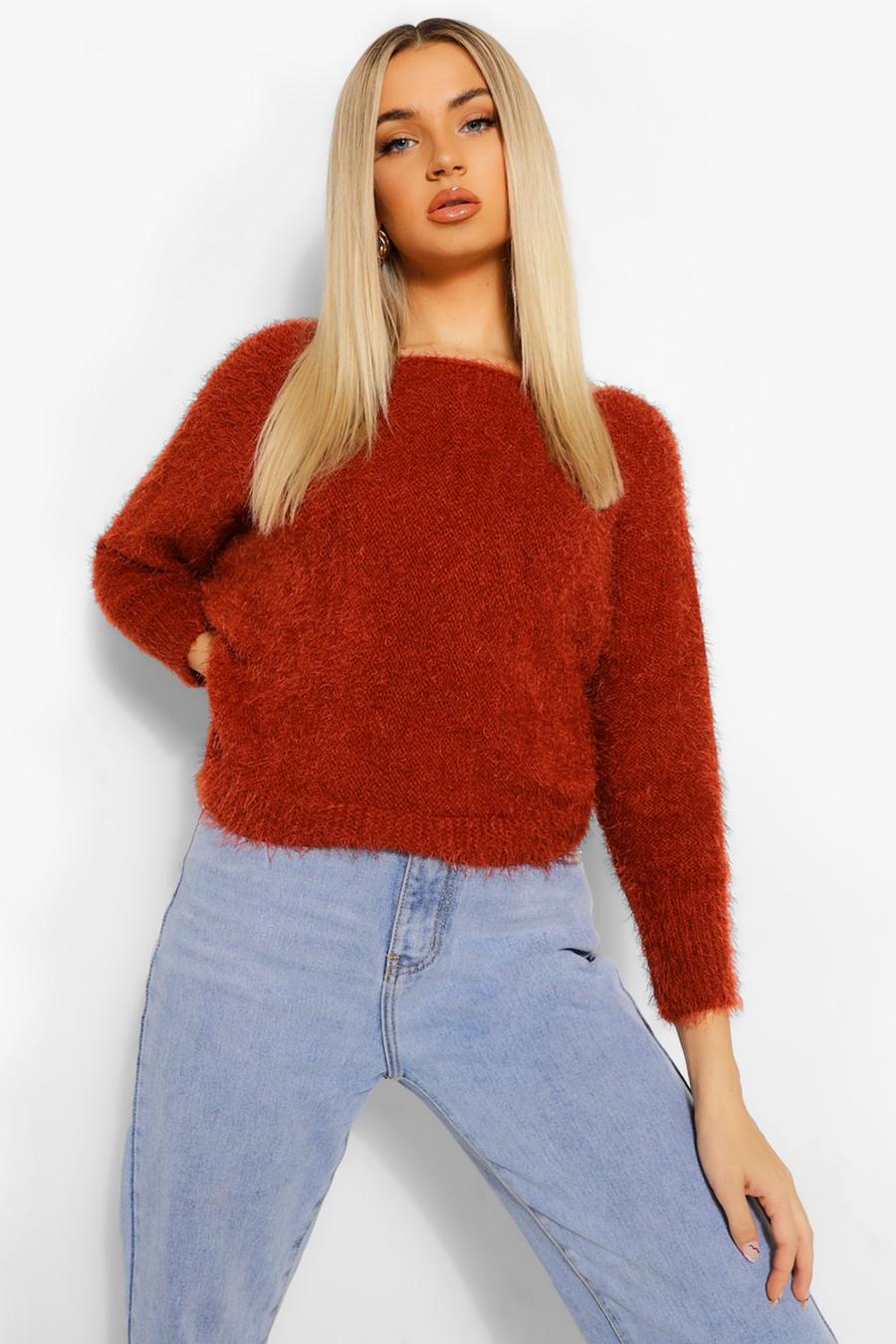 Rust Fluffy Feather Knitted Sweater image number 1