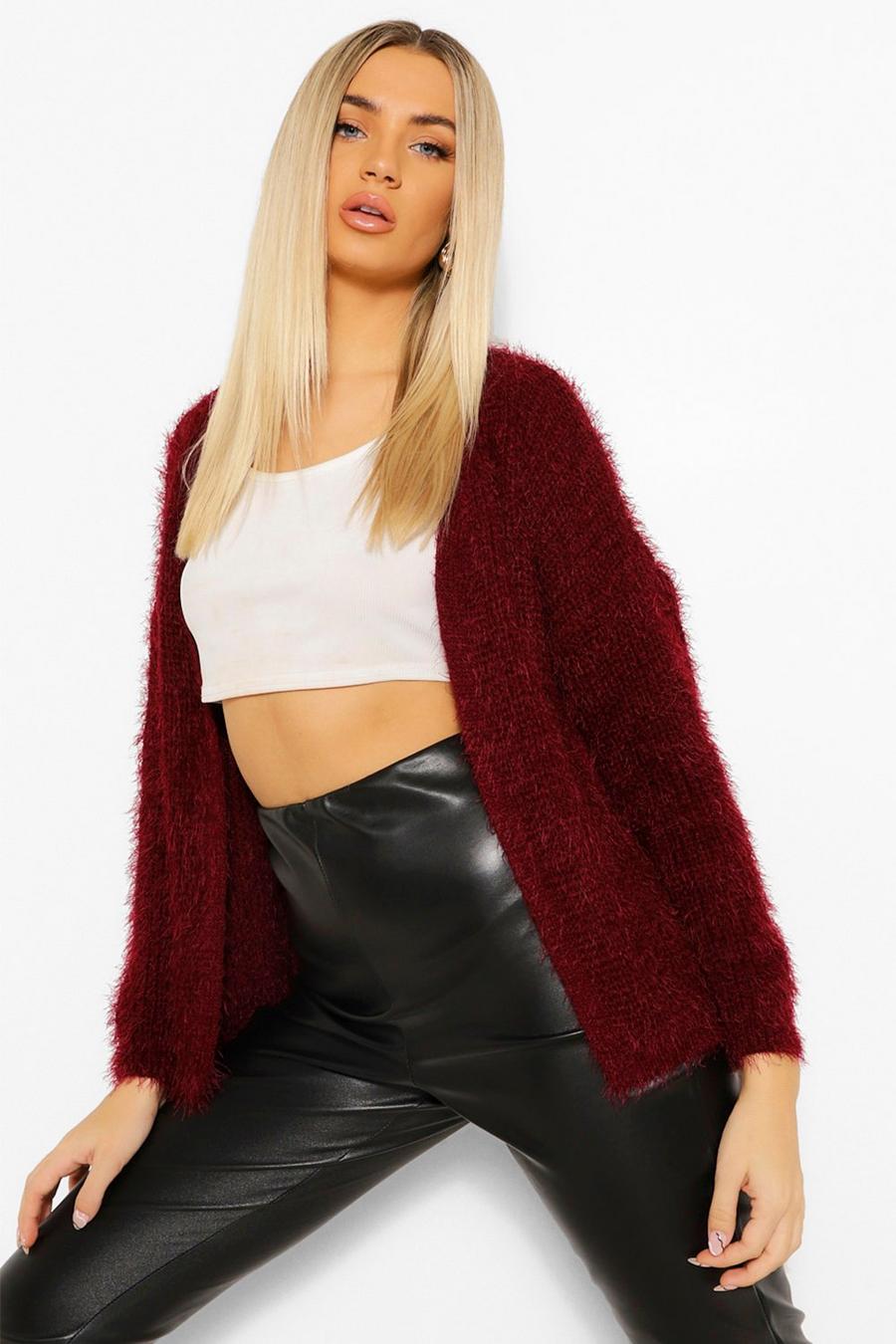 Berry Fluffy Feather Knit Cardigan image number 1