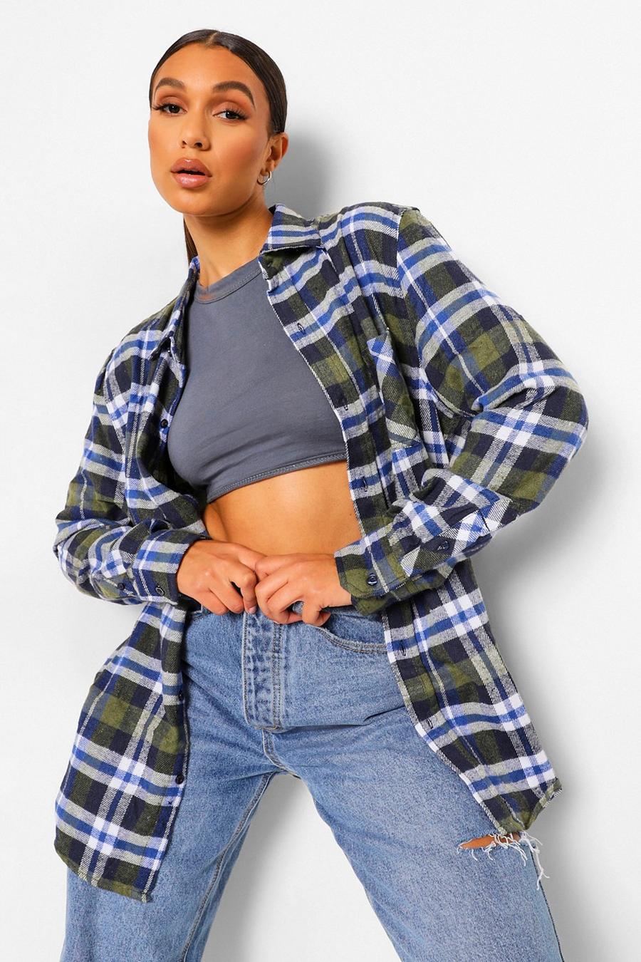 Navy Super Oversized Brushed Checked Shirt image number 1