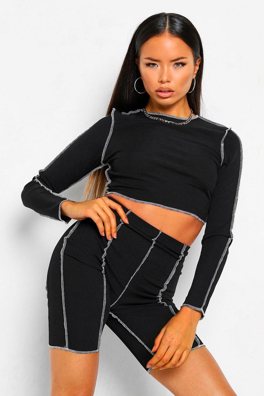 Black Ribbed Contrast Seam Top & Cyling Shorts Co-ord Set image number 1
