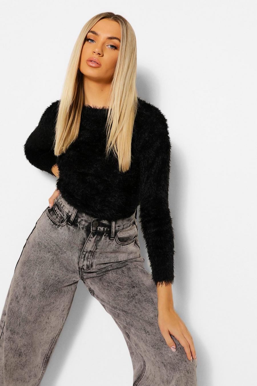 Black Fluffy Feather Knit Sweater image number 1