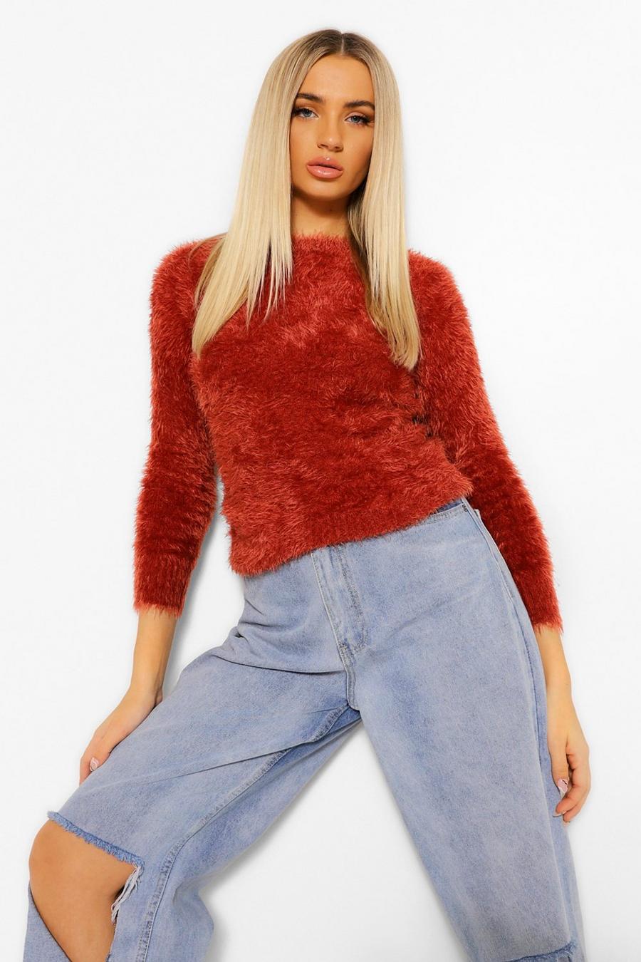 Rust Fluffy Feather Knit Jumper image number 1