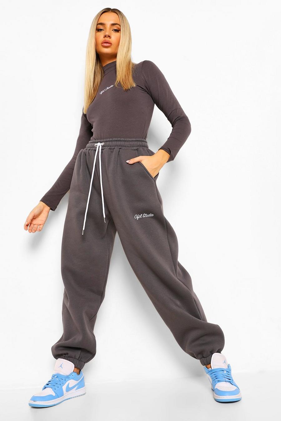 Charcoal Ofcl Studio Embroidered Bodysuit & Track Pants Set image number 1