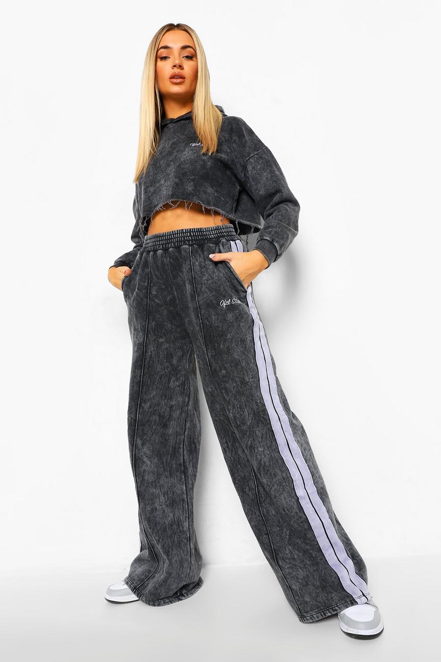 Charcoal grey Acid Wash Cropped Tape Hoodie & Wide Leg Joggers image number 1