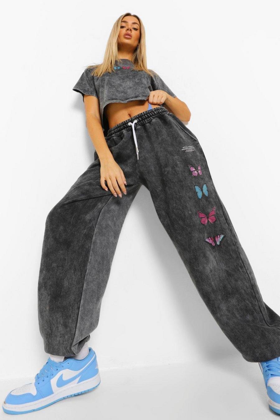 Charcoal Acid Wash Butterfly Cropped T-Shirt & Joggers Set image number 1