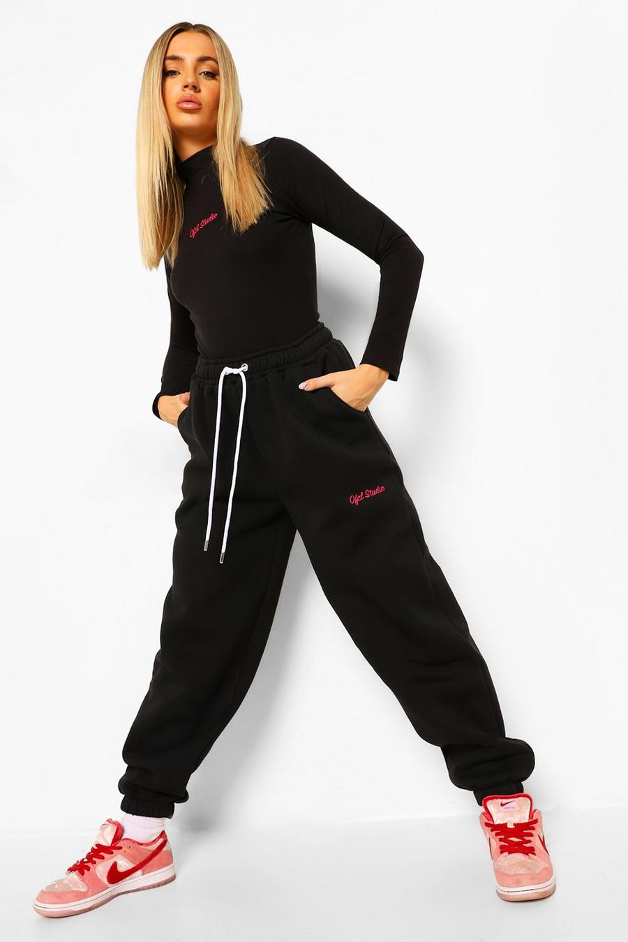 Black Ofcl Studio Embroidered Bodysuit & Track Pants Set image number 1