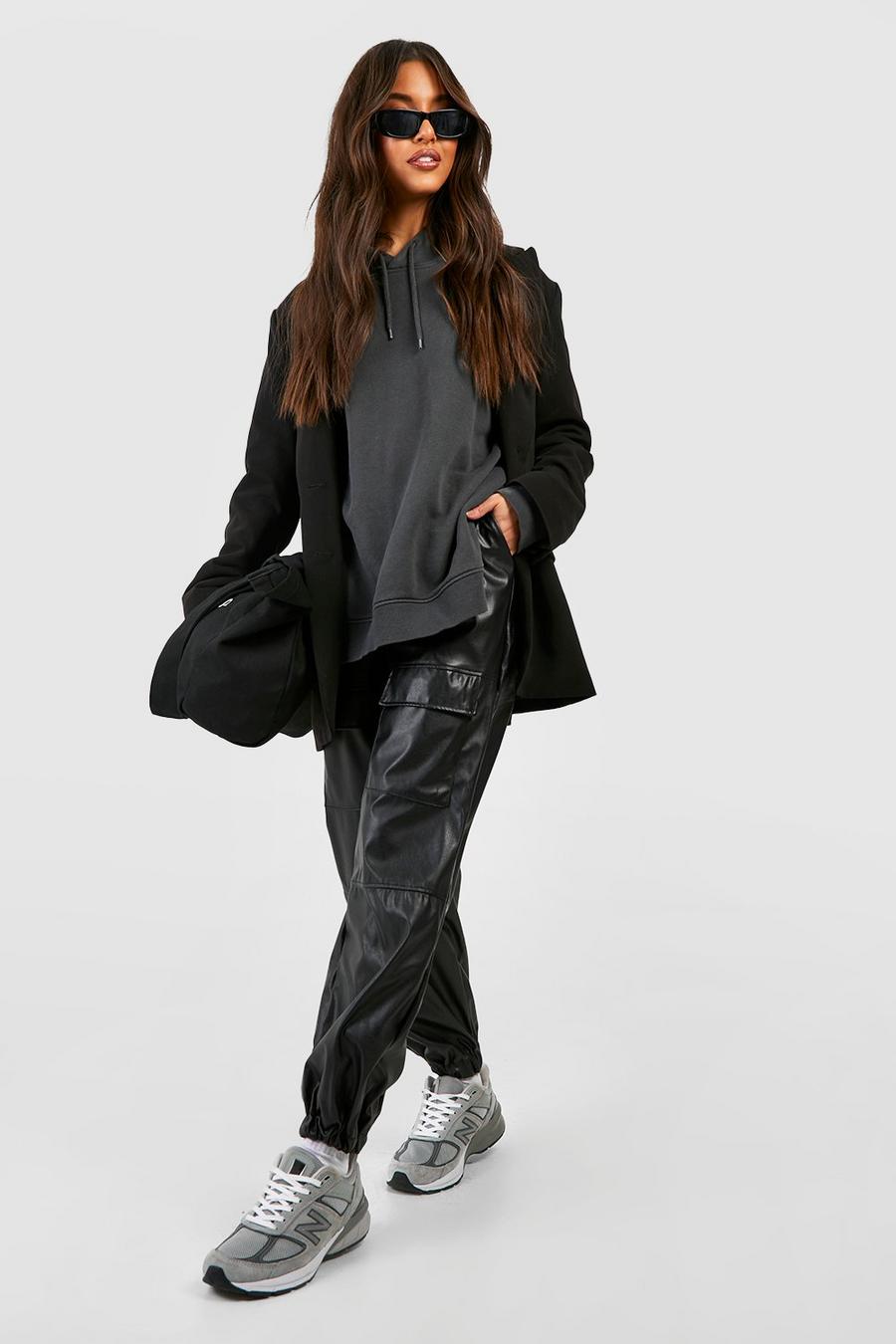 Black High Waisted Leather Look Cargo Track Pants