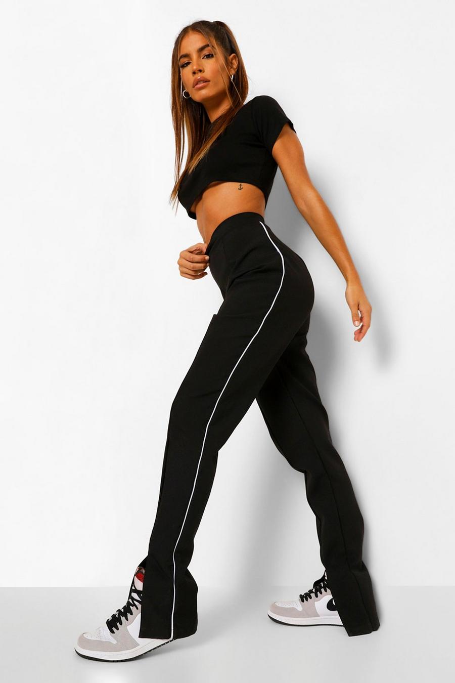 Black Contrast Piping Split Front Tapered Pants image number 1