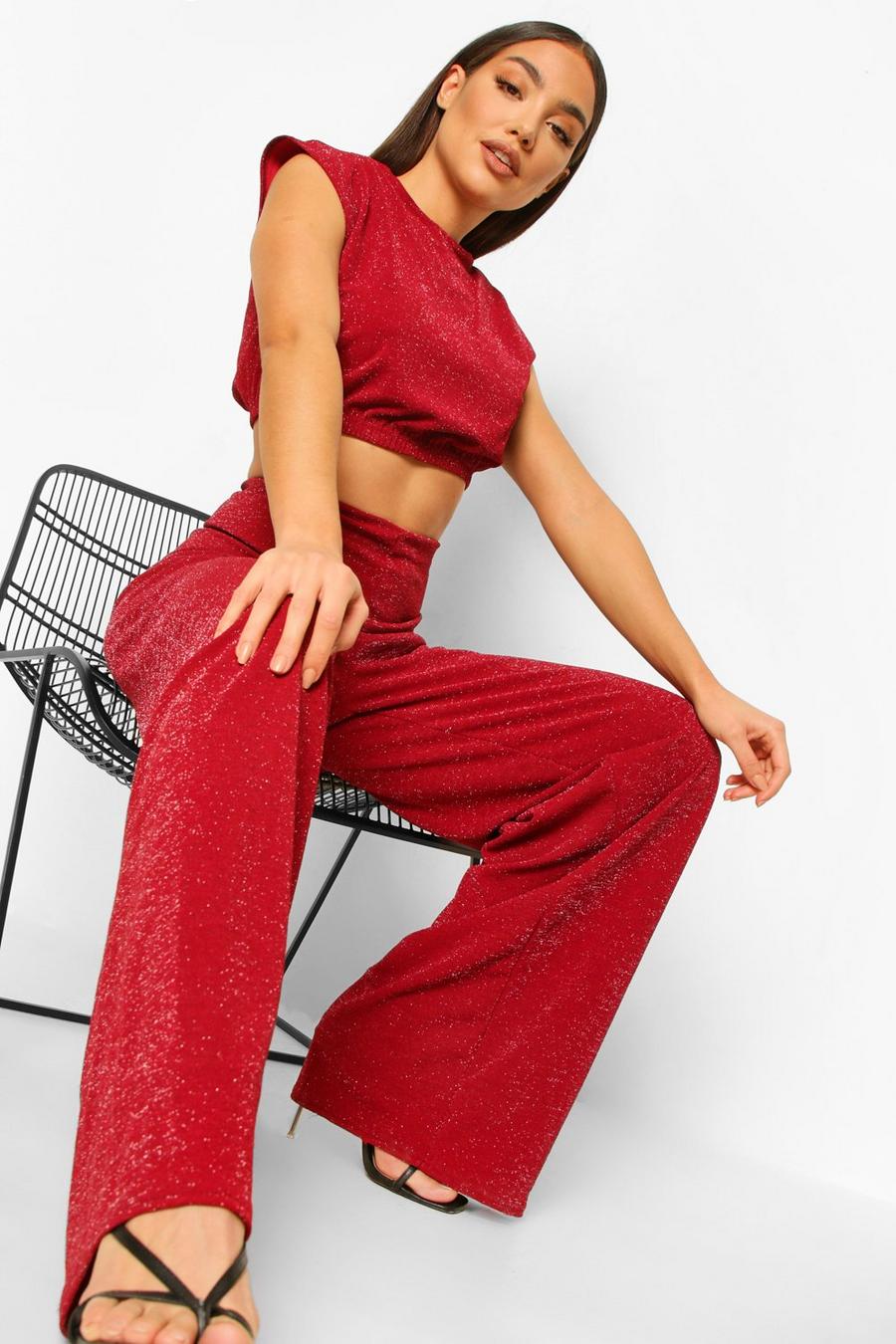 Berry red Mix & Match Shimmer Wide Leg Pants image number 1