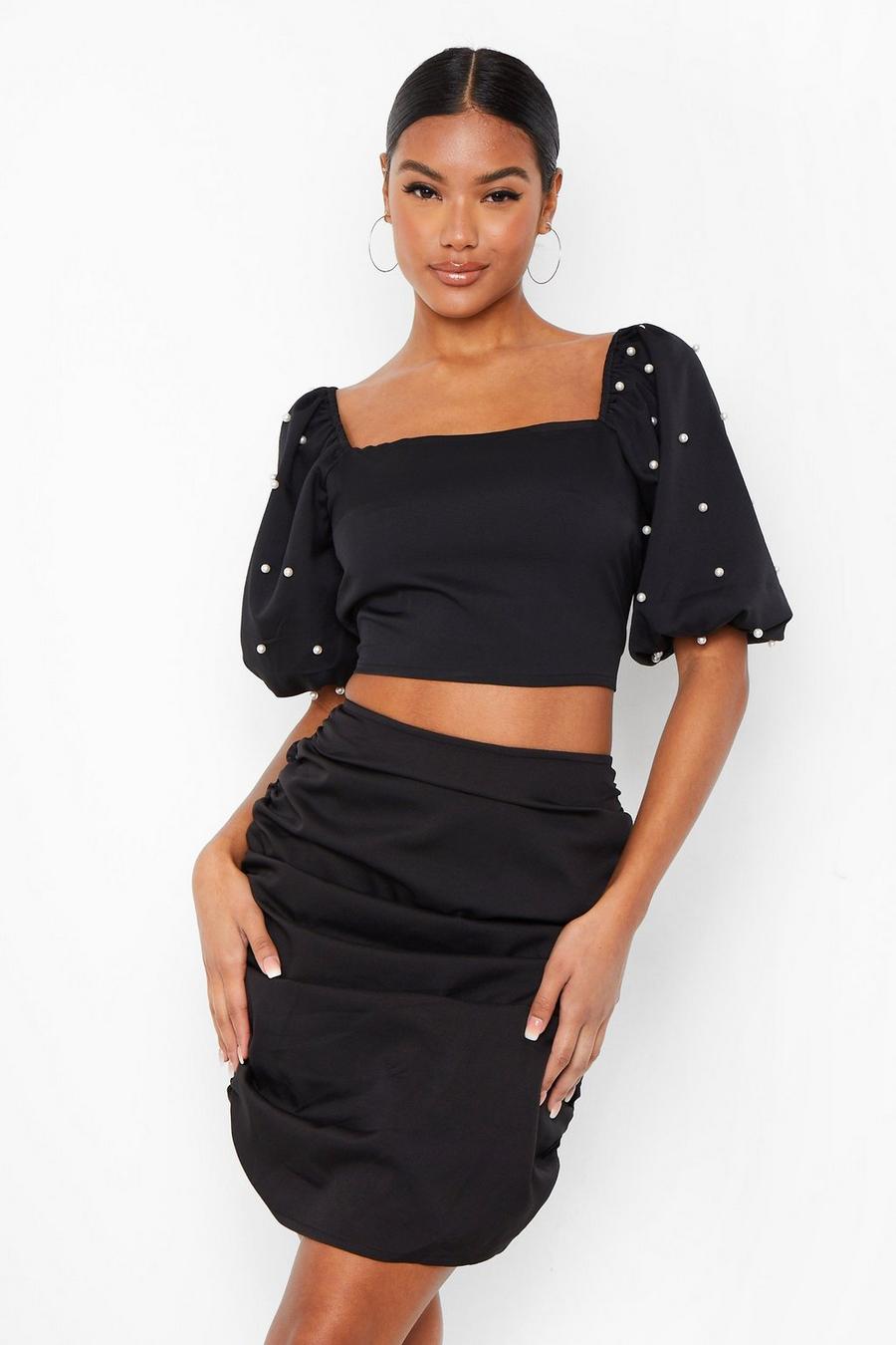 Black Pearl Sleeve Top And Ruched Skirt Two-Piece Set image number 1