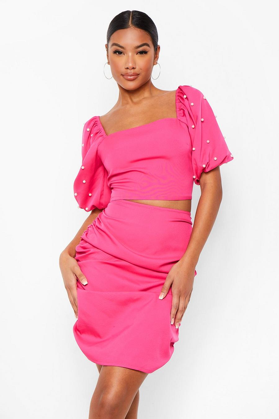 Cerise Pearl Sleeve Top And Ruched Skirt Co-ord Set image number 1