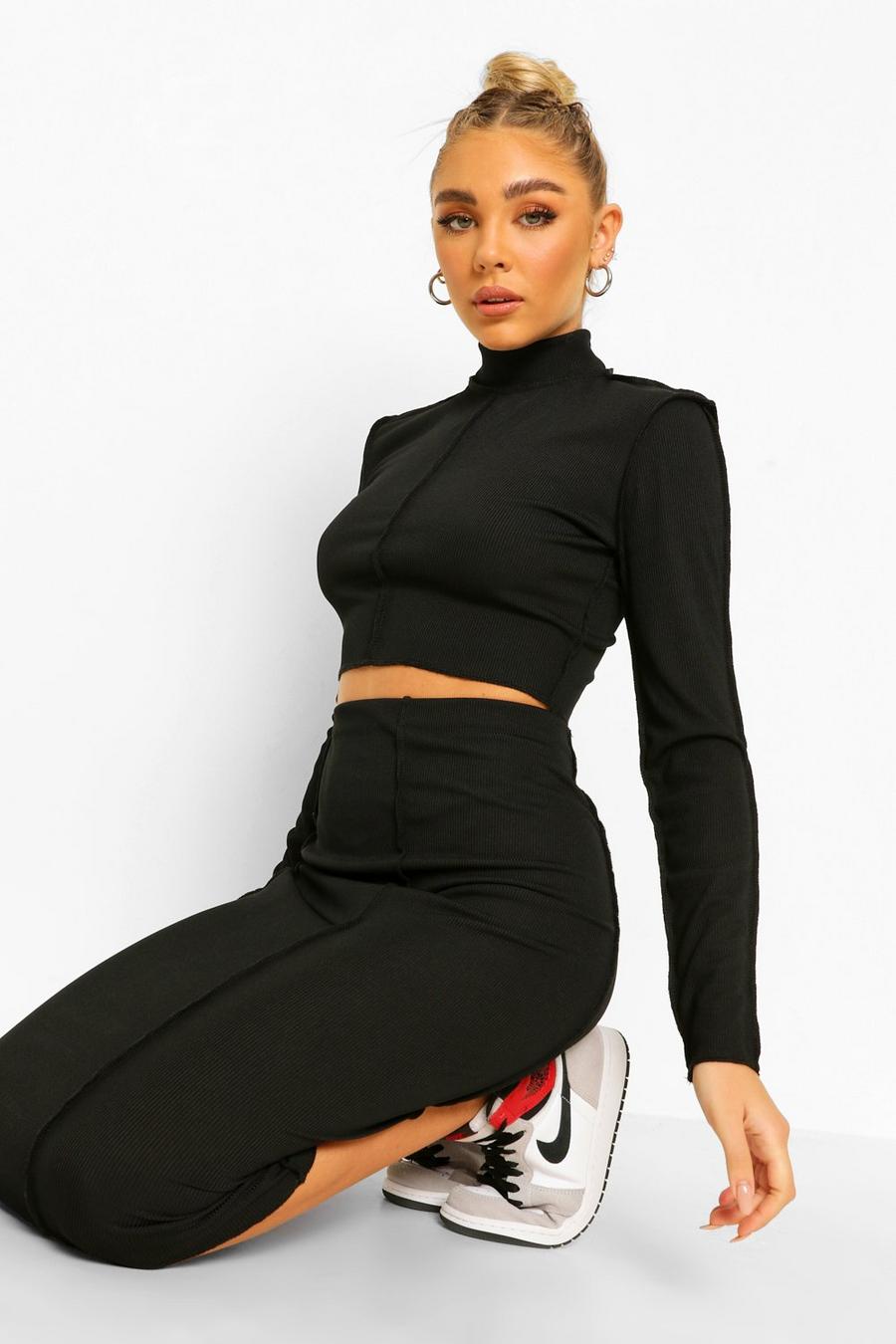Black Ribbed Seam Top & Midaxi Skirt Two-Piece Set image number 1