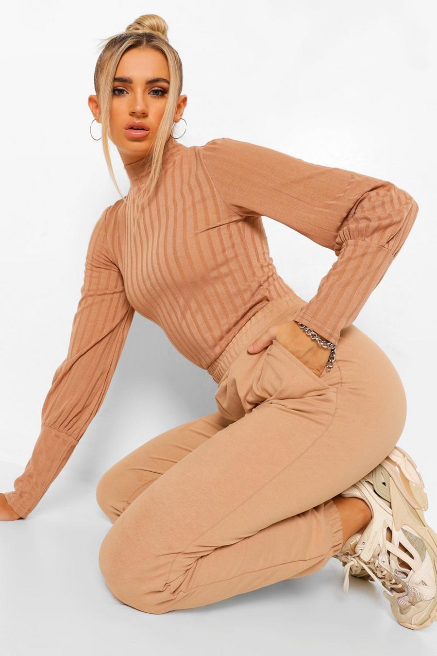 Camel Rib High Neck Puff Sleeve Top image number 1